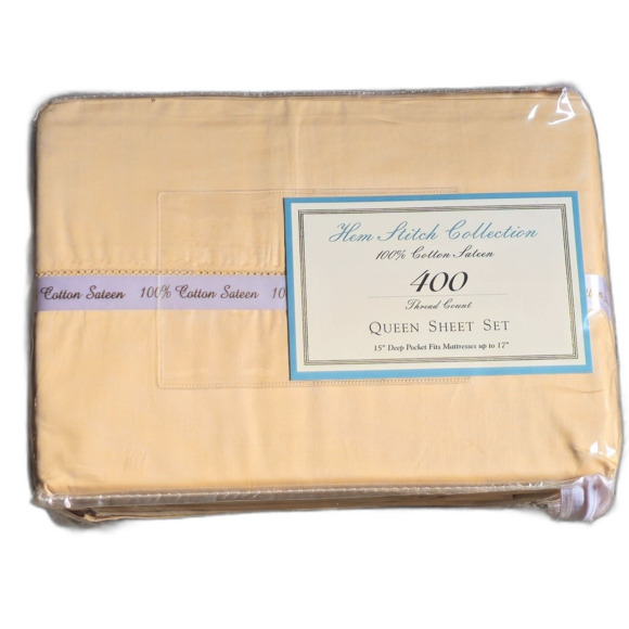 Hem Stitch Collection Queen Set 400 Count 100% Cotton  New Old Stock  Color Tan - Picture 1 of 3